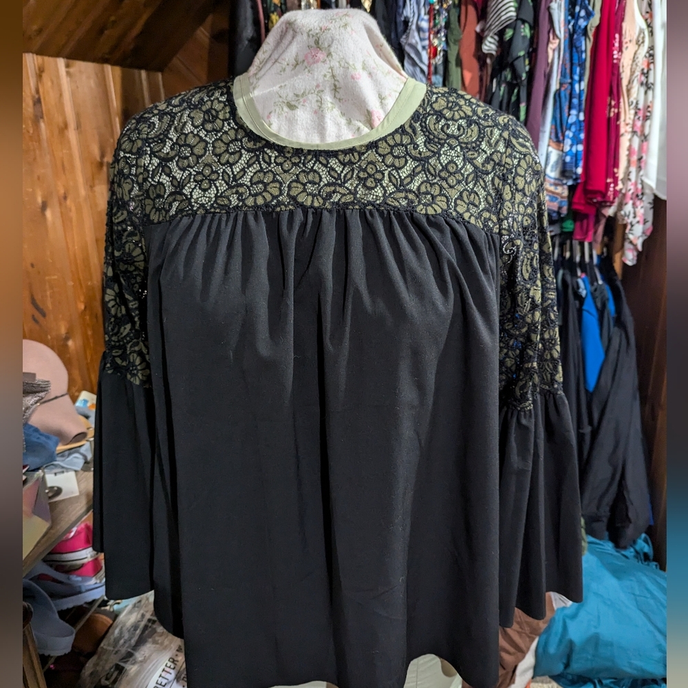 Lane Bryant Black and olive green lace shirt